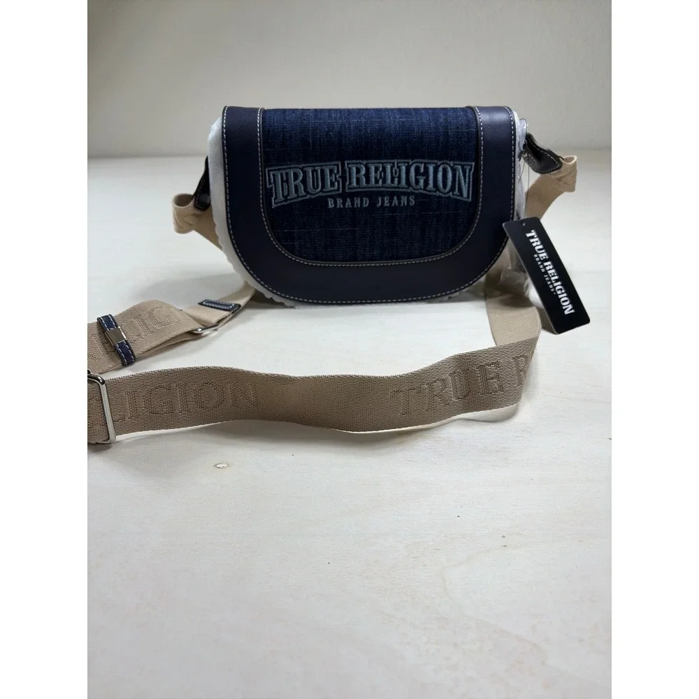 True Religion Denim Crossbody Bag‎ and Wallet Set Blue Tan Horseshoe Logo NWT